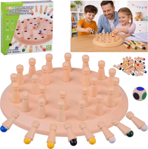 Jeu de mémoire en bois couleurs avec dé et chevilles