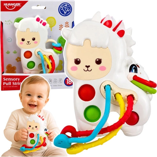 Jouet sensoriel pour bébés – lama avec cordons à tirer et boutons pop-it