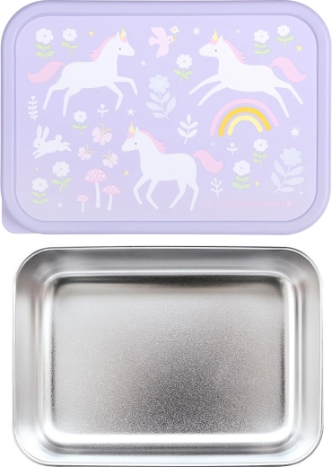 A Little Lovely Company boîte à goûter en acier inoxydable avec couvercle en plastique – licornes et arc-en-ciel