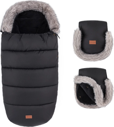 Petite&Mars set d’hiver : chancelière Comfy 4en1 et moufles pour poussette Furry forever black