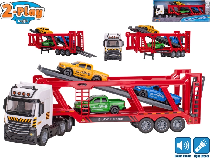 Transporteur de voitures 2-Play Traffic à rétrofriction avec lumière et son + 3 petites voitures 38 cm