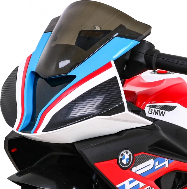 Moto électrique pour enfants BMW HP4, rouge, 3 roues, lumières LED, MP3/USB, selle en éco‑cuir