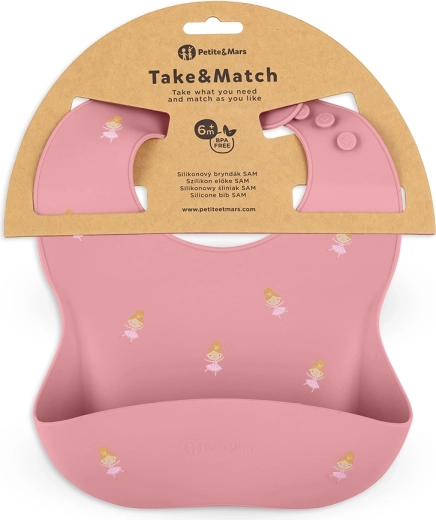 Petite&Mars bavoir en silicone Take&Match rose princesses 6m+