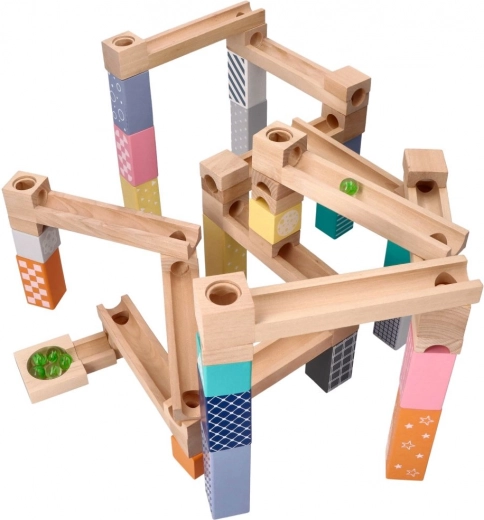 Circuit à billes en bois pastel, 53 pièces + 6 billes en verre