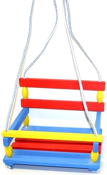 Balançoire en bois colorée avec barre de sécurité