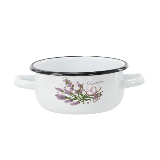 Casserole émaillée à deux poignées 1,5 l, 16 cm, blanche – motif lavande