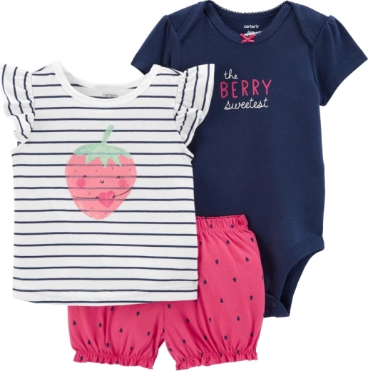Ensemble estival 3 pièces pour fille STRAWBERRY STRIPES en coton (body, t-shirt, short)