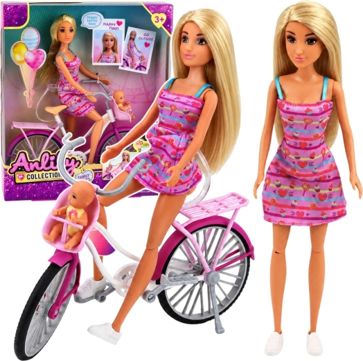 Poupée Anlily en robe rose avec vélo, siège enfant et bébé