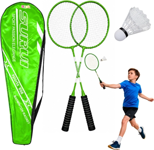 Set de badminton vert avec 2 raquettes, un volant et une housse