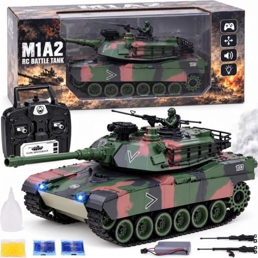 Tank Abrams M1A1 télécommandé RC 2,4 GHz 45 cm – tir, fumée, son et lumières