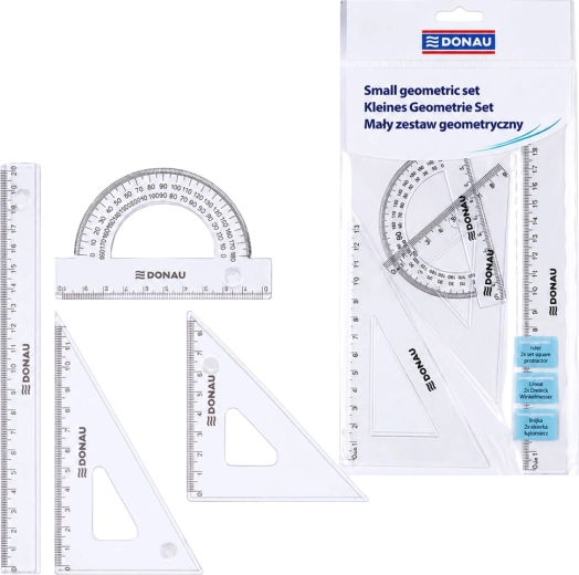 Petite trousse de géométrie DONAU avec règle 20 cm, équerres et rapporteur, transparente - 1 pièce