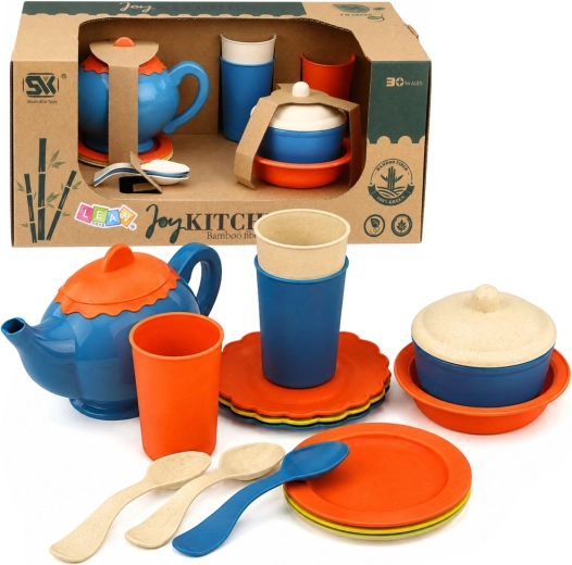 Service à thé pour enfants en fibres de bambou – set de vaisselle 15 pièces bleu-orange