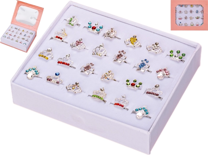 Set de bagues pour filles avec couronnes dans une boîte en forme de cœur, 24 pièces