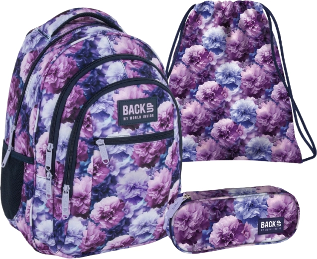 Set scolaire BackUP Violet Flowers 3en1 – sac à dos, trousse et sac