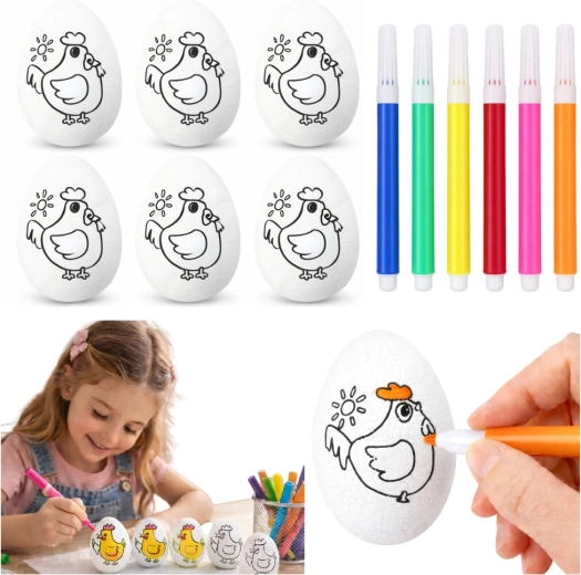 Œufs de Pâques en polystyrène à peindre avec feutres, motif petite poule, 6 pcs