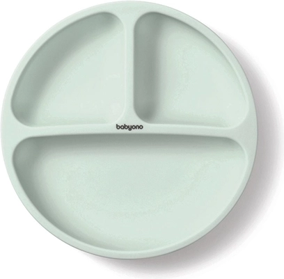 BabyOno assiette en silicone avec ventouse, compartimentée – vert sauge, 6m+