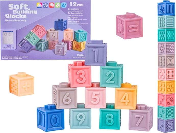 Cubes sensoriels souples en silicone avec chiffres et formes (12 pcs)