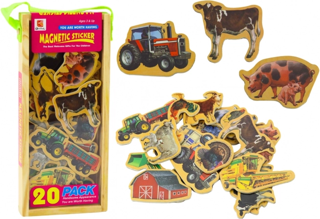 Magnets en bois ferme – animaux et machines agricoles, 20 pcs