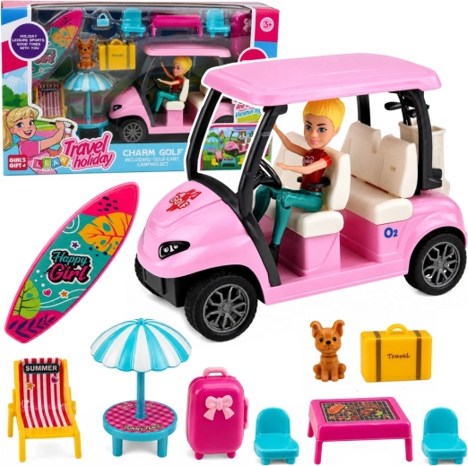 Set de golf avec chariot de golf rose, poupée, petit chien et accessoires de vacances
