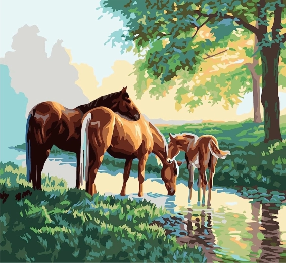 Peinture par numéros Famille de chevaux au bord du ruisseau 40 × 50 cm