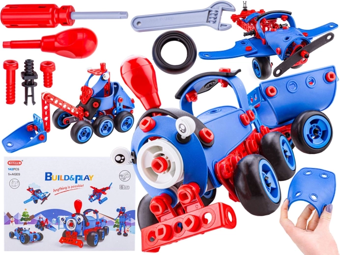 Blocs de construction élastiques 142 pièces 6 en 1 – train, avion, hélicoptère et voiture à visser