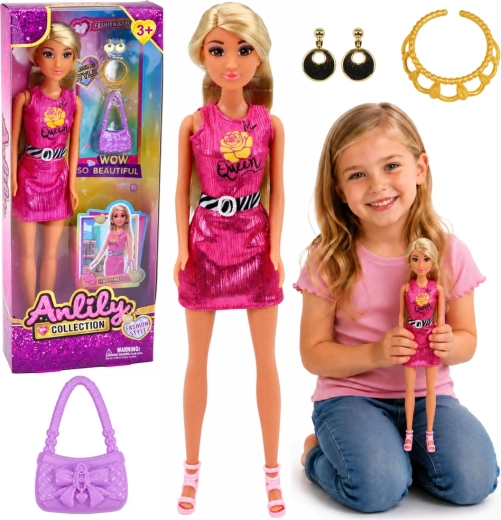 Poupée fashion Anlily en robe rose avec sac à main et bijoux, 30 cm
