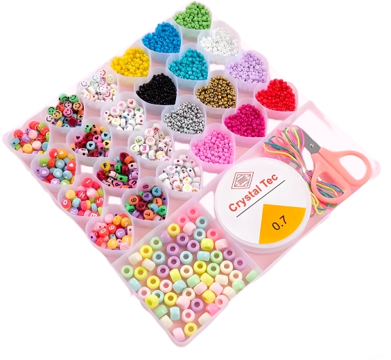Set de perles en boîte avec compartiments en forme de cœur – 26 pièces