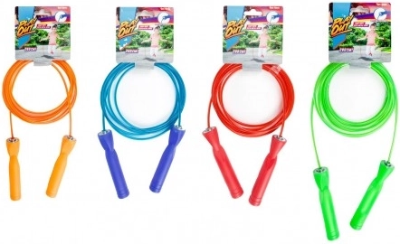 Corde à sauter 280 cm avec poignée en plastique et roulements à billes, 5 couleurs sur carte 12x26x3 cm