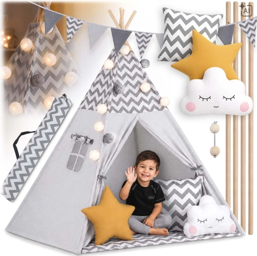 Tente tipi pour enfants avec lumières Nukido grise