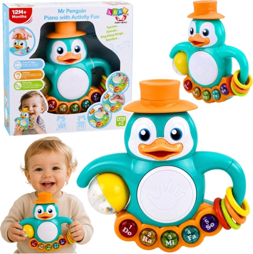 Pingouin éducatif interactif — petit piano, tambour et éléments sensoriels