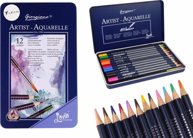 Set de 12 crayons aquarellables dans un étui métallique