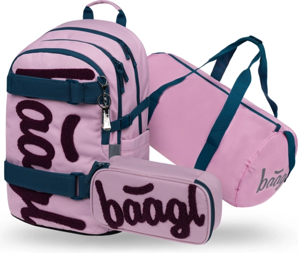 Ensemble Baagl 3 pièces Skate Rose – sac à dos scolaire, trousse et sac de sport pliable GRS