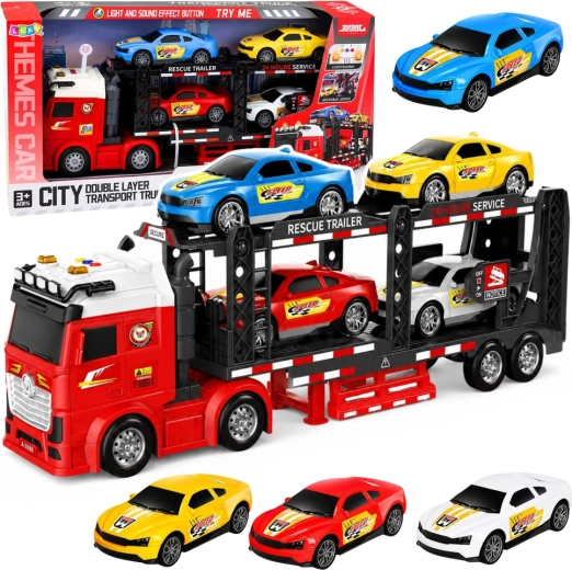 Camion de transport – porte-voitures avec 4 voitures de sport, lumières et sons