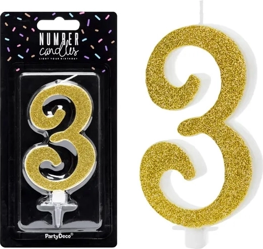 Bougie d’anniversaire chiffre 3 dorée 10 cm