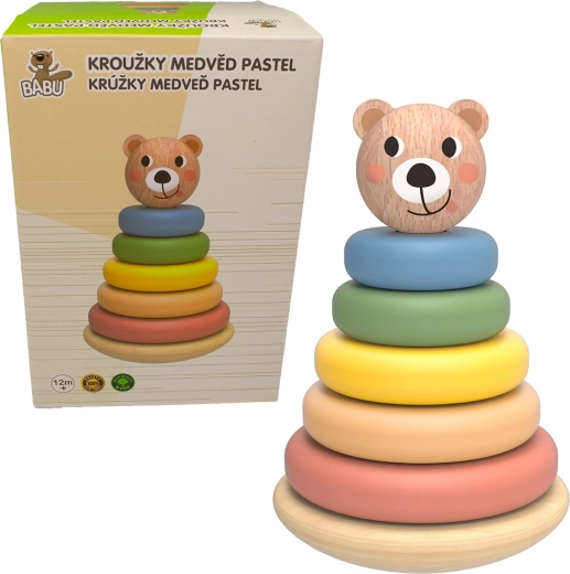 Babu pyramide en bois empilable avec anneaux pastel ourson