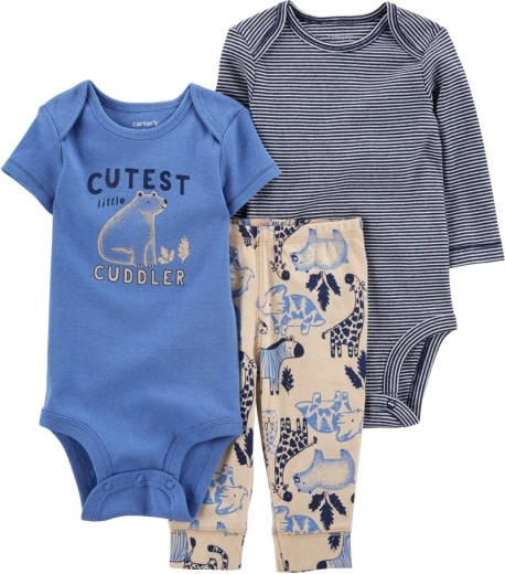 Ensemble 3 pièces Carter's pour garçon Blue Safari : body à manches courtes, body à manches longues et pantalon