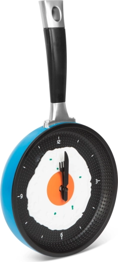 Horloge murale en forme de poêle avec œuf au plat bleu