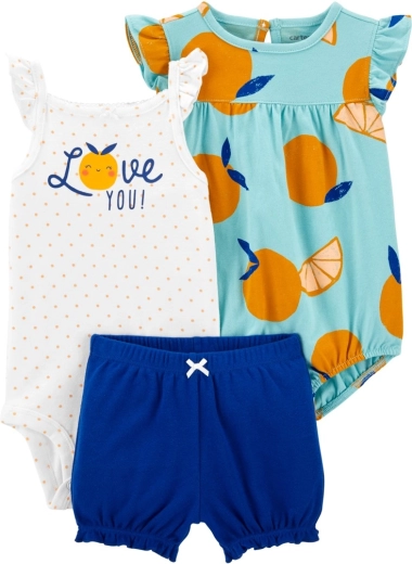 Ensemble 3 pièces Carter’s pour bébé : body à bretelles, body à manches courtes et short bleu orange (fille)