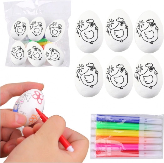 Œufs de Pâques en polystyrène à peindre avec feutres, motif petite poule, 6 pcs