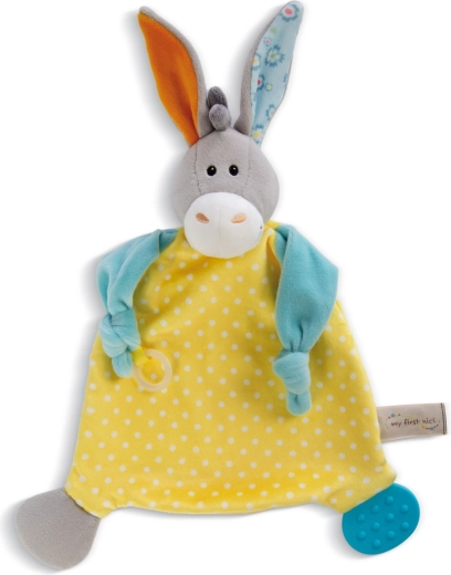 Doudou NICI âne avec anneau de dentition et attache-sucette