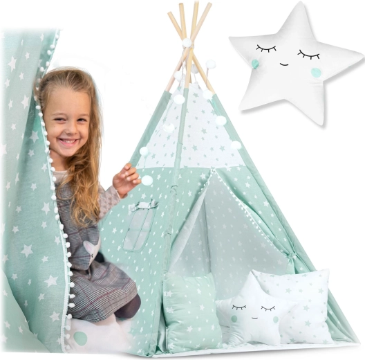 Tipi pour enfants avec guirlande lumineuse – menthe à étoiles