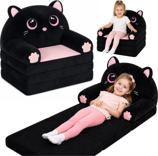 Fauteuil enfant convertible 2-en-1 chaton – peluche, noir