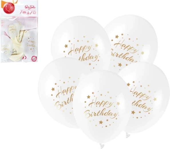 Ballons en latex blancs Happy Birthday avec impression dorée 28 cm, 5 pcs