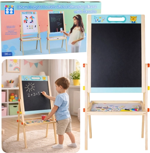 Tableau double face en bois, magnétique et à craie pour enfants – bleu