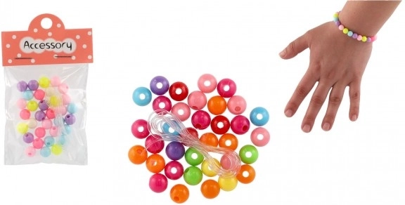 Perles en plastique colorées avec cordon 2 couleurs en sachet 6,5x11x1 cm