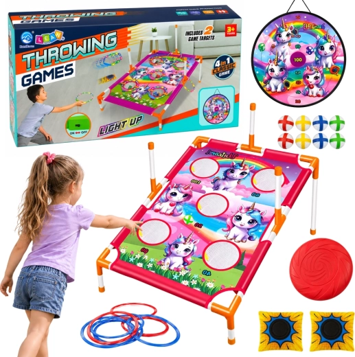 Jeu de lancer sur cible 4-en-1 pour enfants avec licorne – cible, tableau de points, anneaux et frisbee