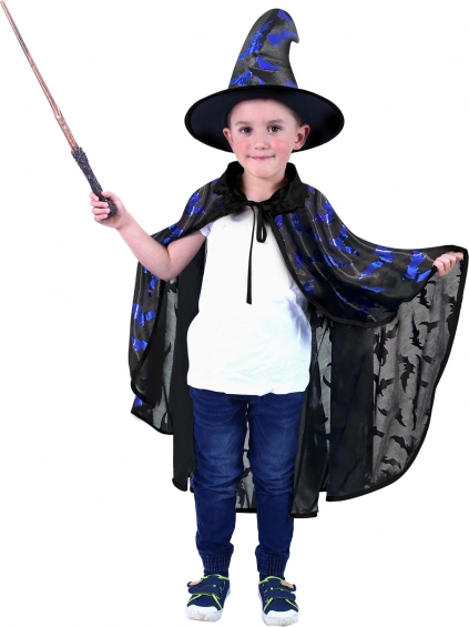 Cape de sorcier pour enfants avec imprimé chauves-souris et chapeau, noir