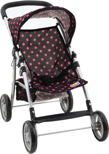 Poussette canne pour poupée noire à pois roses avec panier - 1 pièce