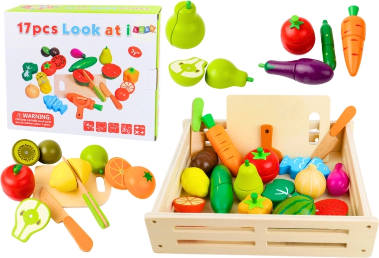 Coffret en bois de fruits et légumes dans une cagette, à découper avec des aimants pour cuisine d’enfant