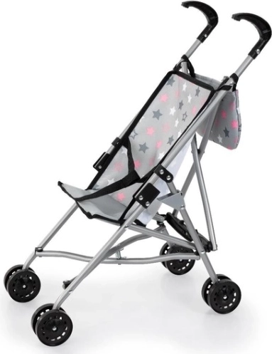Poussette canne pliable Bayer pour poupées avec sac, grise à étoiles